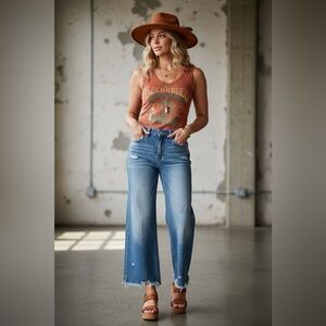 NWT Zenana Cropped Distressed Stretch Wide Leg Medium Wash Denim Jeans Pants